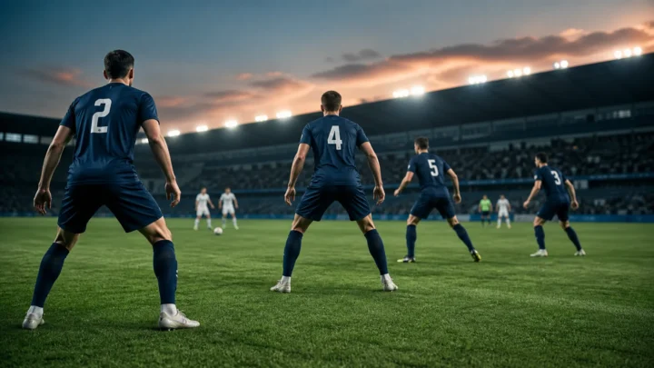 Línea defensiva coordinada durante un partido de fútbol