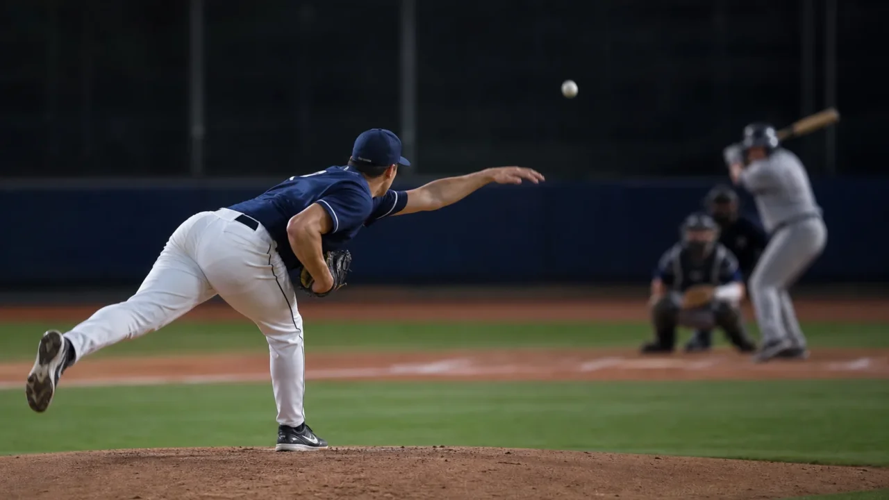 Pitcher realizando un lanzamiento en un partido de béisbol